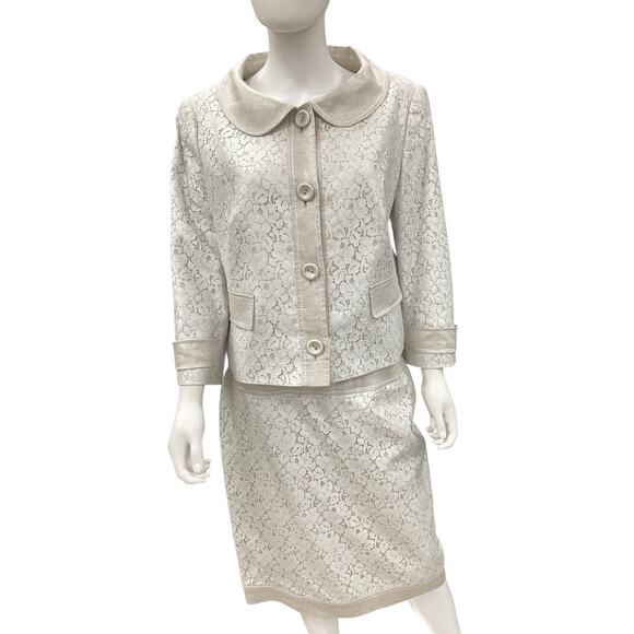 Escada Blazer+Skirt Set Women’s Size12 100% Linen With Lacey Overlay Silver Gray - Picture 1 of 6